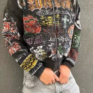 Men's Graphic Zip-Up Sweater - Black Multicolor